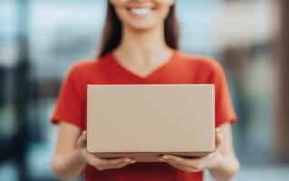 delivery professional in red shirt smiles while holding cardboard box, showcasing friendly and approachable demeanor photo
