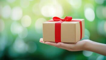 cheerful delivery service worker presents gift box with red ribbon, symbolizing joy and celebration in vibrant green background photo