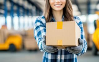 worker delivering box with warm smile in warehouse setting, showcasing dedication and service. environment is bright and organized, reflecting positive atmosphere photo
