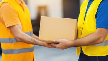 Delivery personnel exchanging parcel, showcasing teamwork and efficiency. scene highlights importance of logistics and customer satisfaction in delivery process photo