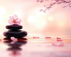 serene arrangement of smooth stones with pink flower, reflecting tranquility and beauty. soft colors and gentle water create calming atmosphere, perfect for relaxation photo