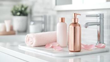 Luxurious spa bath essentials with rose oil bottles, soft towels, and petals create serene atmosphere. Perfect for relaxation and self care routines photo