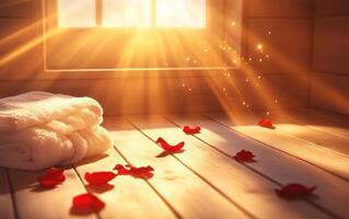Soft sunlight filters through window, illuminating serene spa scene with fluffy towels and scattered rose petals, creating warm and inviting atmosphere photo