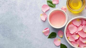 Top view of spa bath products with rose oil and petals, creating calming atmosphere. Perfect for relaxation and self care routines photo