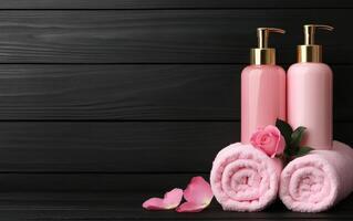 Luxurious pink spa products with rose petals and soft towels create serene atmosphere for relaxation and self care. Perfect for enhancing your beauty routine photo