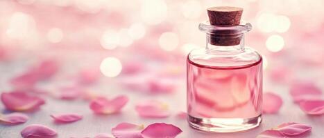 close up of rose oil bottle surrounded by pink petals, creating romantic and serene atmosphere. soft focus and bokeh effect enhance beauty of scene photo