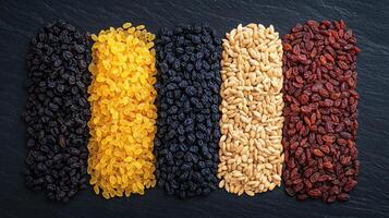 Colorful arrangement of various dried fruits and seeds on dark surface, showcasing black raisins, golden sultanas, sunflower seeds, and red raisins, creating vibrant and healthy display photo
