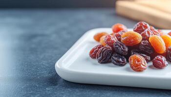 Raisins elegantly displayed on white ceramic plate, showcasing variety of colors and textures. Perfect for healthy snacking or as decorative element in culinary presentations photo