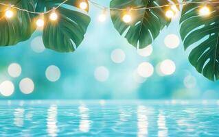Tropical themed pool party decor with palm leaves and string lights creates vibrant atmosphere. shimmering water reflects festive mood, perfect for summer gatherings photo