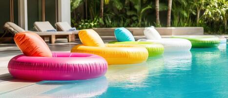 Colorful pool floats in serene summer setting by water, creating vibrant and inviting atmosphere for relaxation and fun photo