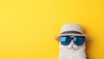 Stylish cat wearing sunglasses and straw hat against bright yellow background, exuding fun and playful vibe photo