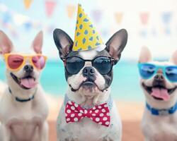 Playful group of dogs wearing colorful accessories and sunglasses, celebrating joyfully at beach party. Their festive attire adds to cheerful atmosphere photo