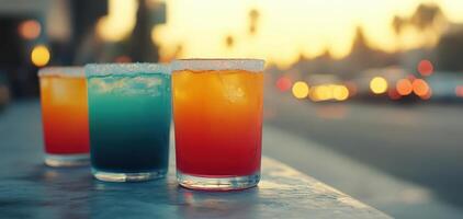 Colorful cocktails in glasses with ice, set against sunset backdrop. vibrant hues of orange, blue, and red create lively atmosphere, perfect for summer evening photo