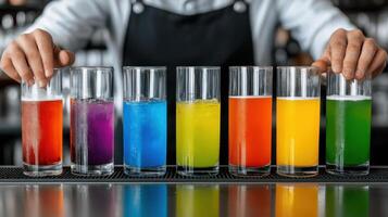 Colorful cocktails lined up on bar, showcasing vibrant drinks in tall glasses. bartender skillfully prepares variety of refreshing beverages, creating inviting atmosphere photo