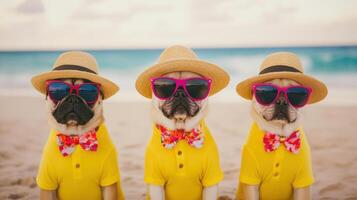 Three dogs wearing sunglasses and hats on beach, celebrating summer joyfully. Their colorful outfits and playful expressions create fun and vibrant atmosphere photo