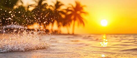 close up of water splashes at sunbathing area during sunset, with palm trees in background creating serene and tropical atmosphere photo