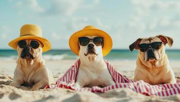Group of dogs wearing sunglasses and hats on beach, enjoying summer vibes. Their playful expressions and vibrant accessories create fun and lively atmosphere photo