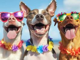 Joyful pets wearing colorful sunglasses and floral leis, enjoying sunny day at beach. Their playful expressions capture essence of summer fun and happiness photo
