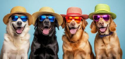 Happy dogs wearing colorful summer hats and sunglasses, enjoying sunny day together. Their playful expressions and vibrant accessories create joyful atmosphere photo