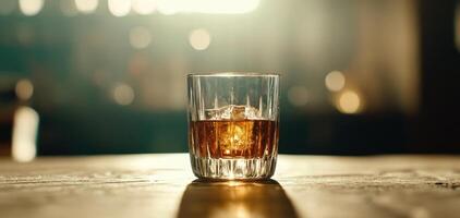 whiskey glass filled with amber liquid and ice, illuminated by soft light, creates warm and inviting atmosphere photo