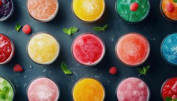Colorful cocktail spread featuring various fruity drinks in glasses, garnished with mint and raspberries, creating vibrant and refreshing atmosphere photo
