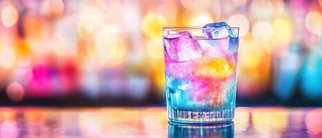 vibrant cocktail with colorful ice cubes sits in glass, reflecting lively bar atmosphere. blurred background adds festive touch, enhancing drink appeal photo