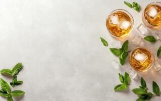 Refreshing cocktails with mint leaves and ice cubes photo