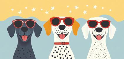 Vibrant group of dogs wearing sunglasses, enjoying sunny day. Their playful expressions and festive summer gear create cheerful atmosphere perfect for summer fun photo