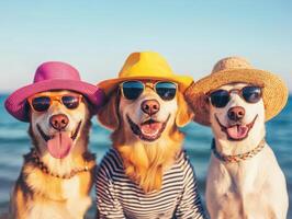 Happy dogs wearing colorful hats and sunglasses at beach, enjoying summer fun together. Their playful expressions and vibrant accessories create joyful atmosphere photo