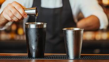Bartender pouring liquid into cocktail shaker, creating refreshing drink. atmosphere is lively and inviting, perfect for enjoying crafted beverages photo