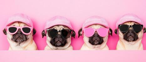 Playful pets wearing summer sunglasses and hats, showcasing their adorable personalities against vibrant pink background photo