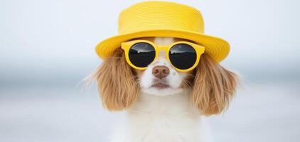 stylish dog wearing yellow hat and sunglasses, exuding fun and playful vibe. This adorable pet captures attention with its unique accessories and charming expression photo