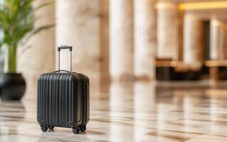 sleek black suitcase stands in elegant hotel lobby, showcasing modern design and luxury. marble floor and soft lighting enhance sophisticated atmosphere photo