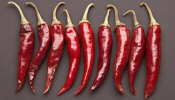 Dried chili peppers arranged in row, showcasing their vibrant red color and unique shapes. Perfect for adding spice and flavor to various dishes photo