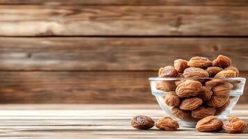 Dried plums and prunes in glass bowl on wooden surface, showcasing their rich texture and color. Perfect for healthy snacking or culinary uses photo