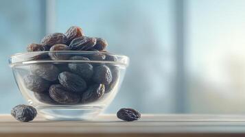 Dried plums, also known as prunes, are displayed in glass bowl on wooden surface, creating warm and inviting atmosphere. soft lighting enhances rich color of fruit photo
