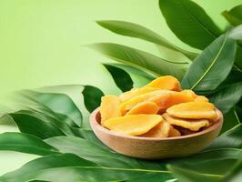 Dried mango slices in wooden dish surrounded by tropical leaves create vibrant, fresh atmosphere. Perfect for snacking or adding to dishes, these slices offer taste of tropics photo