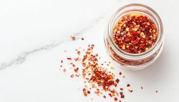 Dried red chili flakes in glass jar, scattered on marble surface, add vibrant touch to any kitchen. Perfect for enhancing flavors in various dishes photo