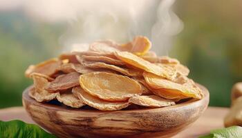 Dried apricots in rustic bowl, showcasing bright colors and warm atmosphere. Perfect for healthy snacking or culinary use, these apricots evoke sense of natural goodness photo
