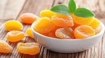 Dried apricots and mango slices in white bowl, showcasing vibrant colors and fresh appearance. Perfect for healthy snacking or as decorative element photo