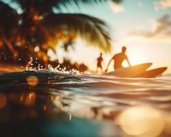 Surfers paddling toward waves at sunset, with palm trees in background, creating serene and adventurous atmosphere photo