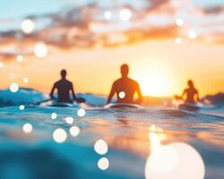 Surfers paddling toward waves at sunset, creating serene atmosphere photo
