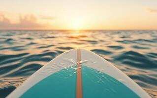 surfboard gliding over gentle waves at sunset, capturing serene moment photo