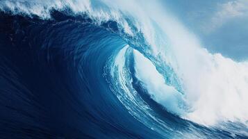 powerful wave crashing with vibrant blue hues, showcasing nature force and beauty photo