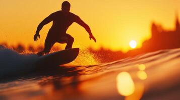 Surfer riding powerful wave at sunset, creating dynamic scene with vibrant colors photo