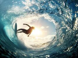 Surfer riding wave under bright sun, showcasing thrill of surfing photo