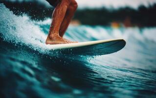 Close up of surfboard cutting through turquoise waves, showcasing thrill of surfing and beauty of ocean photo