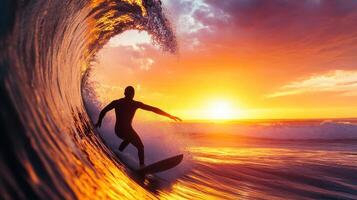 Surfer carving through wave at sunset, creating stunning spray of water photo