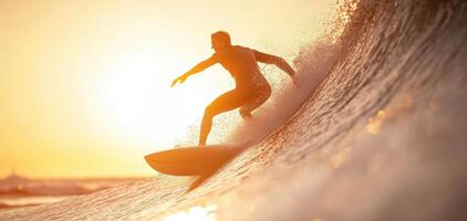 surfer skillfully carving through wave at sunset, showcasing dynamic movement and energy photo