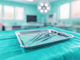 Sterile tray with surgical tools on clean operating table in bright room. atmosphere conveys professionalism and precision photo